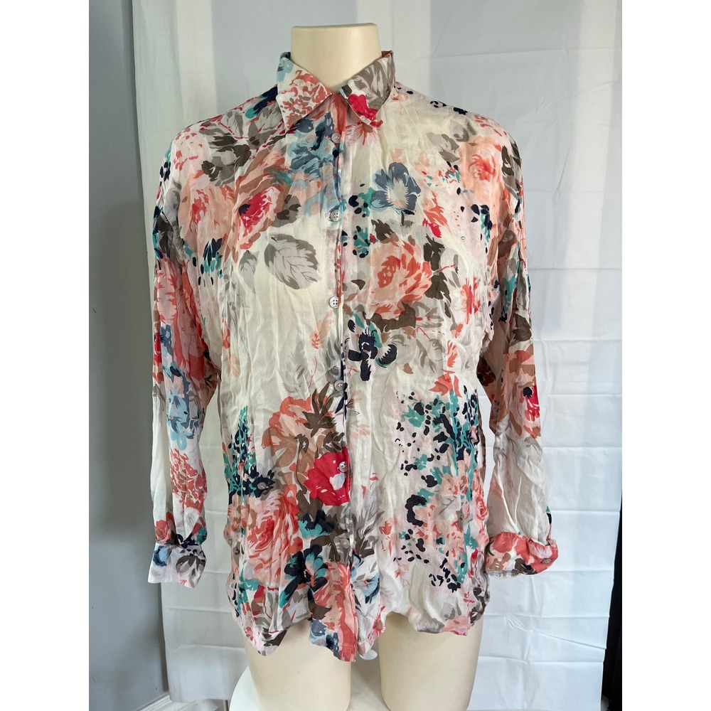 Mexx Floral Button Up Shirt Long Sleeve Coral Teal Cream Gauzy Blouse Size M/38